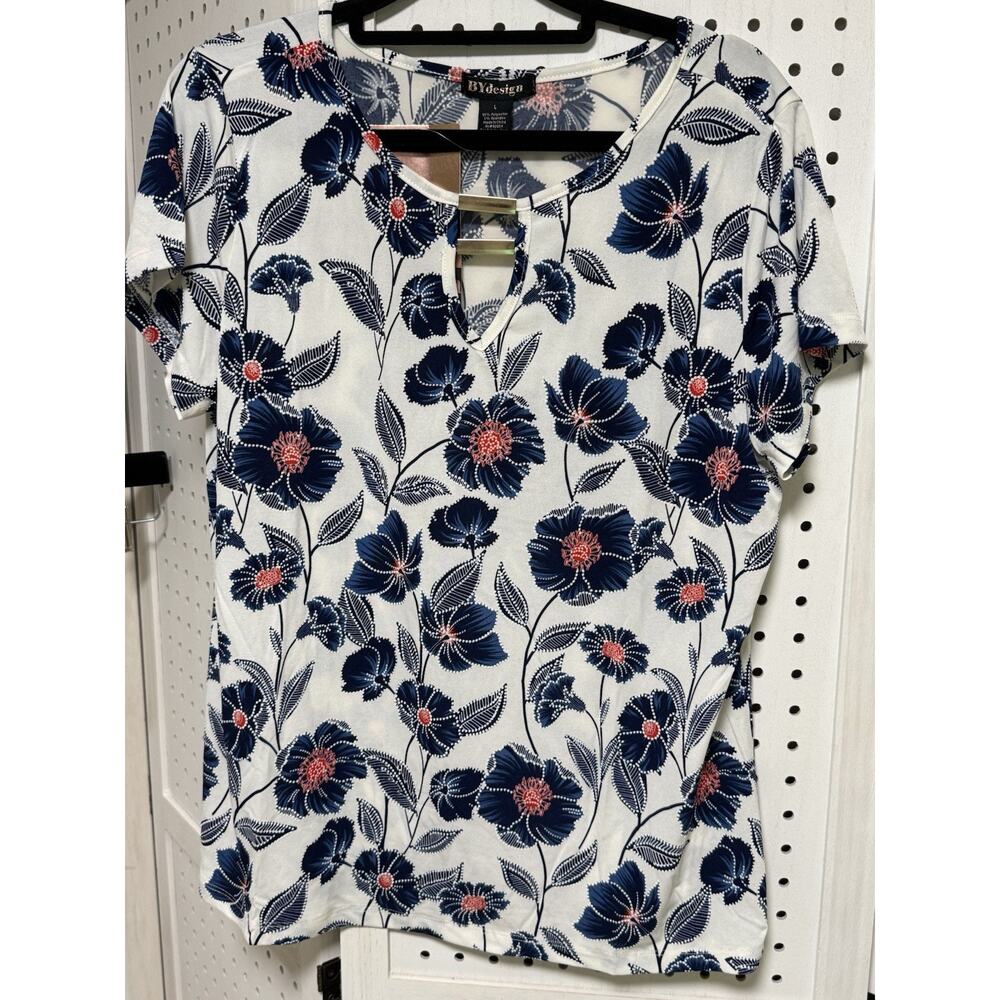 By Design Blouse Women's Size L - White And Red Floral Colorful Top